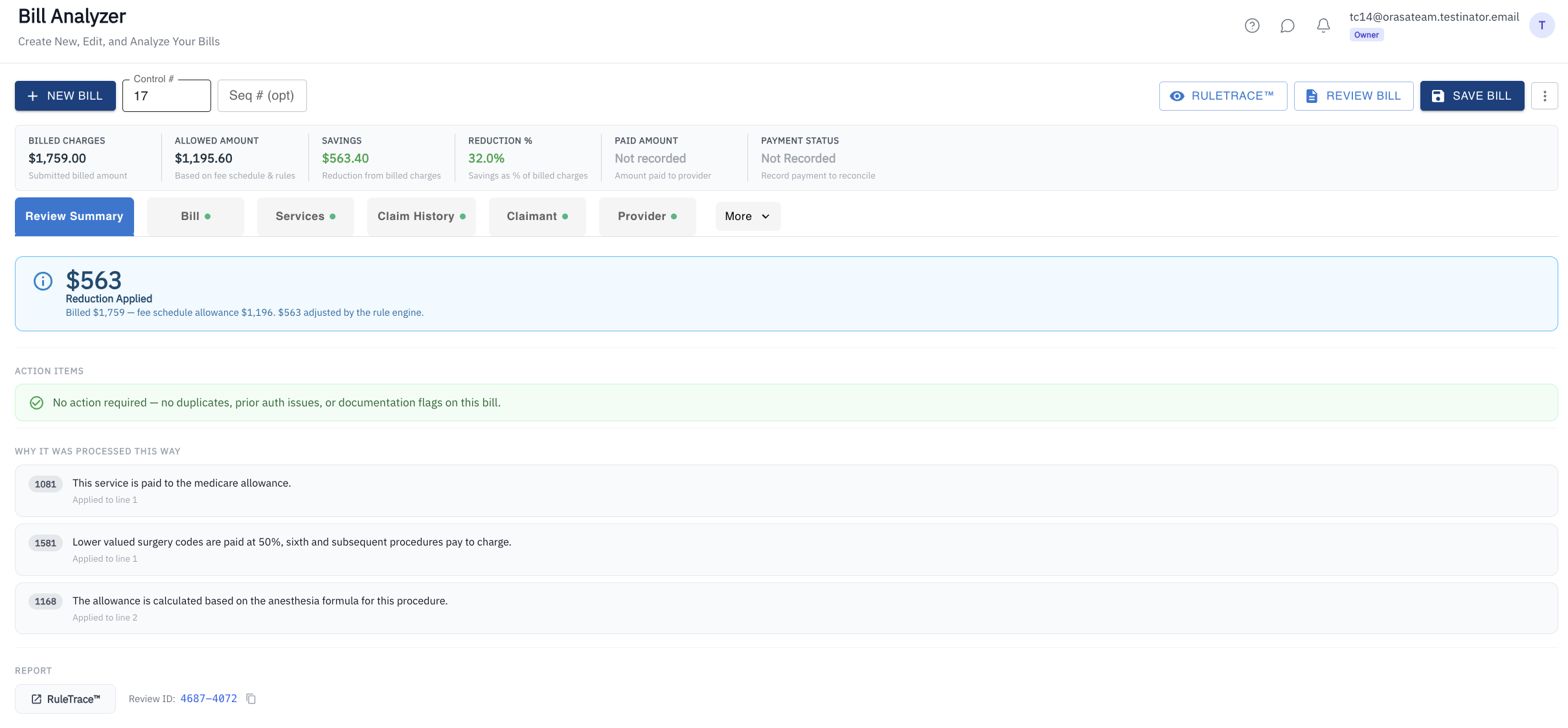 Payer Review Summary showing billed vs allowed amount and savings